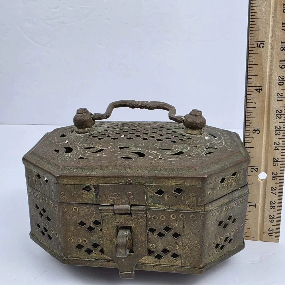 Antique Brass Cricket Box Octagon Ornate Pierced Metal Trinket Case